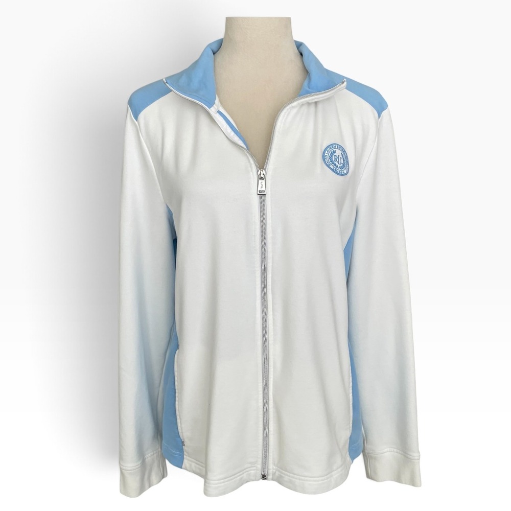 Lauren Ralph Lauren Active White Blue Zip Sweater Women XL Embroidered Logo